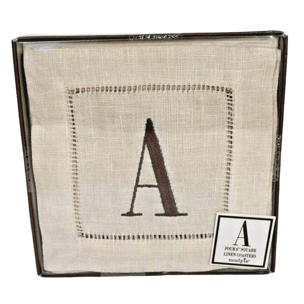 MudPie Set of Four 6 inch Square Linen Initial Coasters Letter A